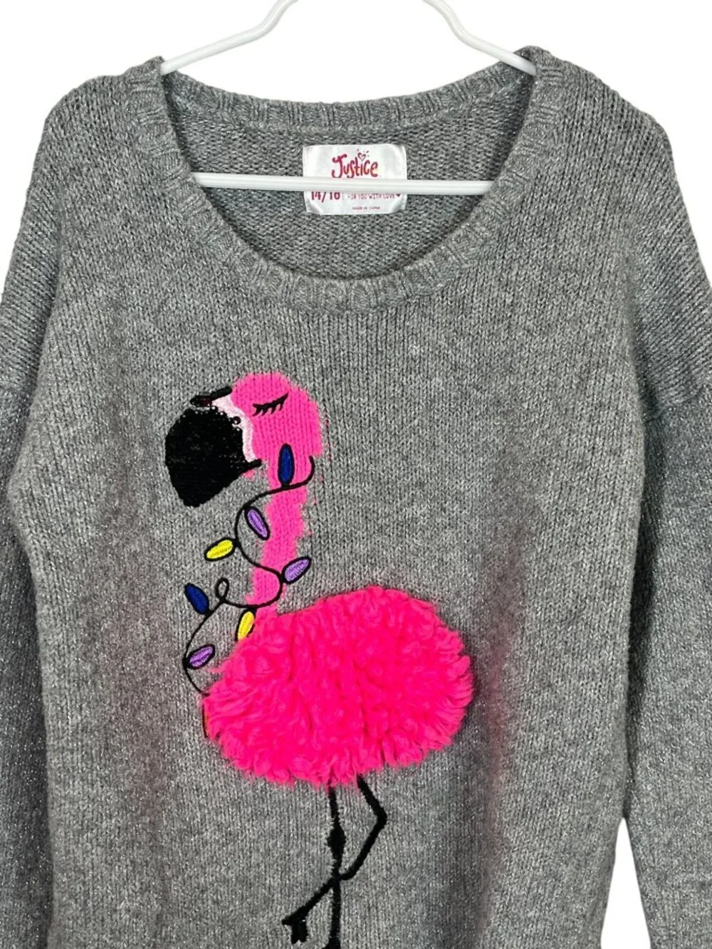 Justice Girls Gray Flamingo Sweater Size 14/16 Pom Pom Knit Pullover